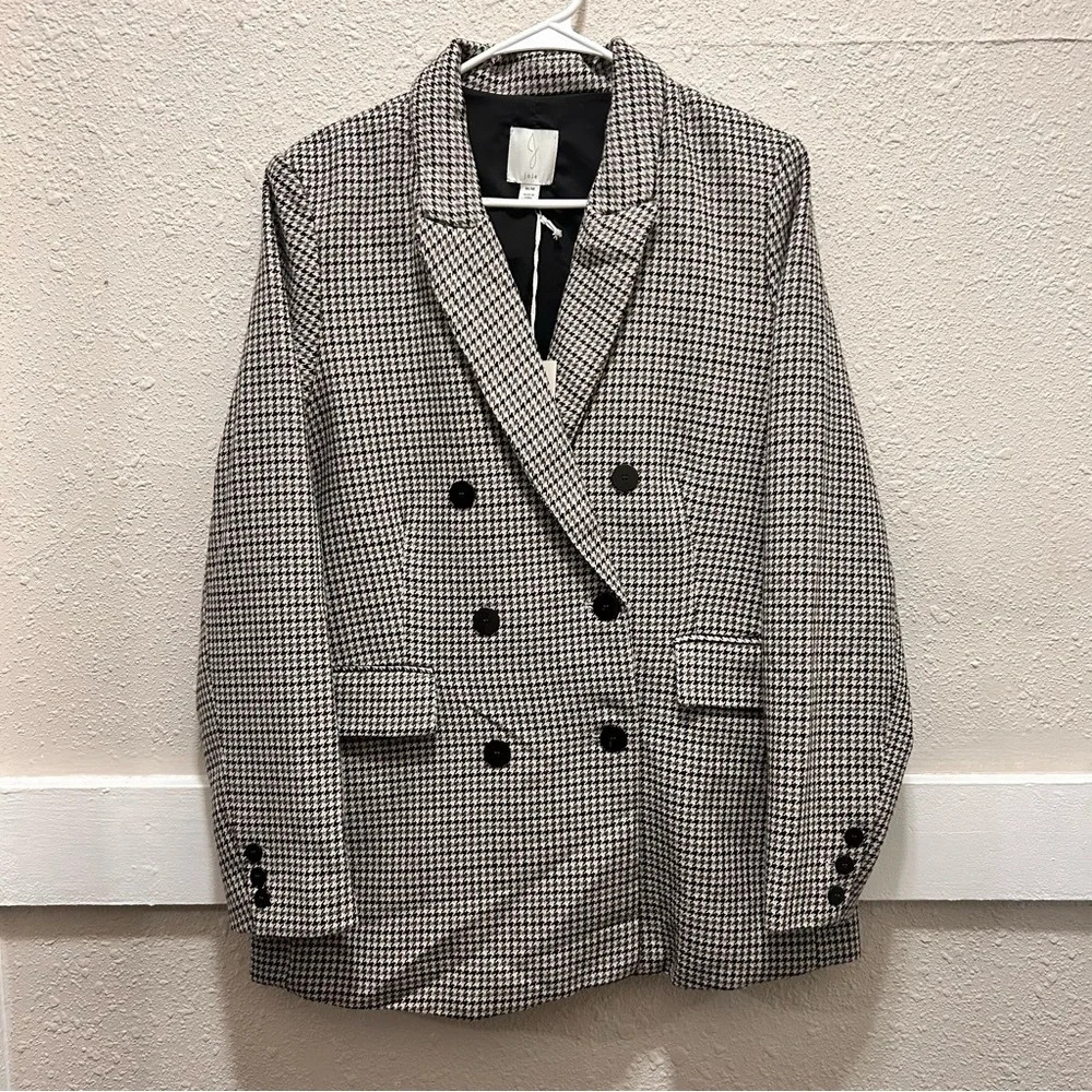 Joie Houndstooth Neutral Double Breasted Wool Blend Blazer Coat Jacket NWT M